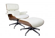 Skórzany fotel gabinetowy lounge z podnóżkiem biały / orzech, fotele gabinetowe białe z podnóżkiem