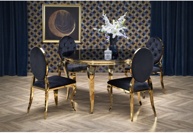 Stół w stylu glamour , blat szklany , stół ze złotymi nogami , stół do jadalni , stół do salonu