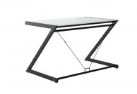 biurko do komputera, szklane biurko komputerowe, biurko ze szklanym blatem w kolorze białym, stelaż czarny