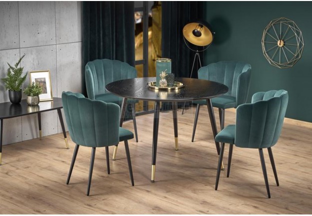 okragły stół czarny do salonu o średnicy 120 cm ze złotymi wykończeniami Embos, stół i krzesła