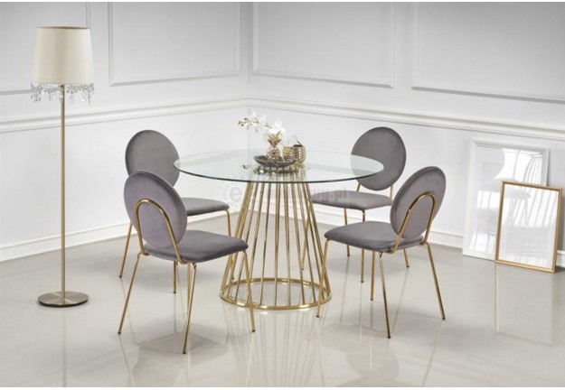 szklany, okrągły stół do salonu na złotej nodze w stylu glamour liverpool,szklany stół 120 cm